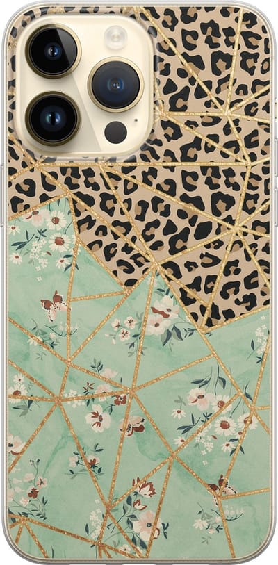 Leuke Telefoonhoesjes - Hoesje geschikt voor iPhone 14 Pro Max - Luipaard bloemen print - Soft case - TPU - Luipaardprint - Groen