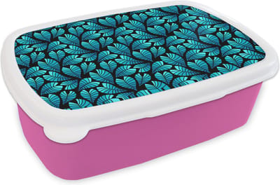 Broodtrommel Roze - Lunchbox - Brooddoos - Jungle - Blauw - Blad - Planten - Patroon - 18x12x6 cm - Kinderen - Meisje