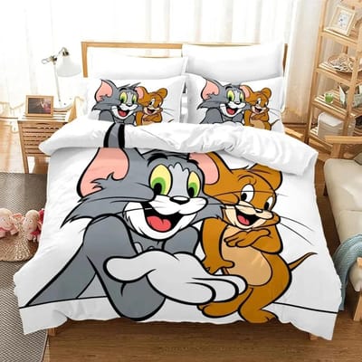 Cartoon T-Tom Muis en Kat Beddengoed Set J-Jerry Dekbedovertrek Beddengoed Set Dekbedhoes Kussensloop Dekbed King Queen Maat Jongens Volwassenen EU Single(135*200cm)3pcs