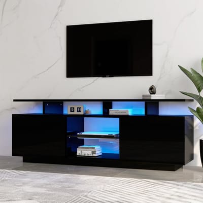 TV Meubel - 140 cm Breed - Hoogglans met 16 Kleuren LED - Voor 60 Inch TV - Glas - Zwart