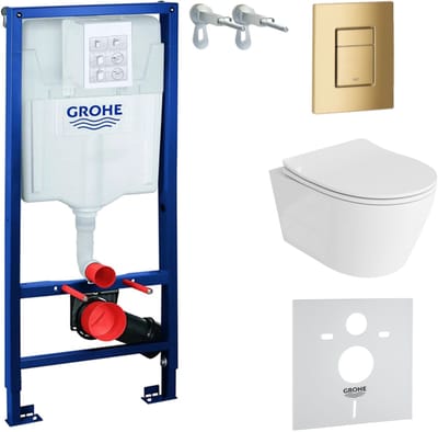 Inbouwreservoir Complete Toiletset Grohe Solido 39069000 - Inbouw WC Hangtoilet Wandcloset Praia Wit Hoogglans - Bedieningsplaat Skate Cosmopolitan 38732GL0 Gouden - Voorwandelement