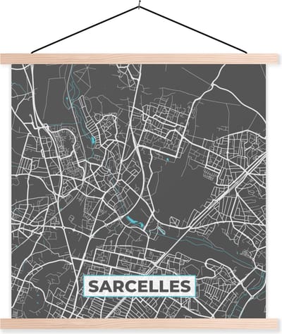 Posterhanger incl. Poster 40x40 cm - Schoolplaat - Sarcelles - Frankrijk - Kaart - Stadskaart - Plattegrond - Textielposter - Blanke latten - Stadskaart