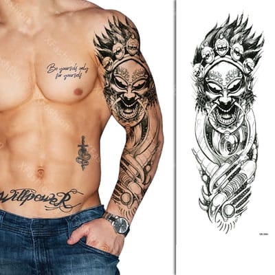 Tattoo Sleeve - Japan Azië Masker Duivel Devil - Neptattoo Lichaam en Gezicht - Tijdelijke Henna Plak Tattoos - Nep Tatoeage - Fake Temporary Tattoo - Festival Make-up Outfit Volwassenen Kinderen