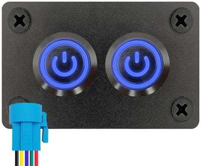 ProRide Metalen Drukschakelaars ON-OFF 220V - 16mm - Tweevoudig inbouwpaneel - IP67 - LED indicatie Blauw