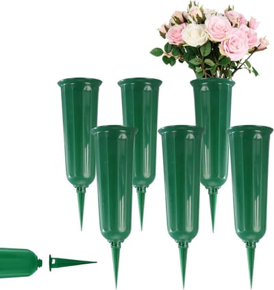 Set van 6 Grave Vazen met Aarde Spit - Plastic Begraafplaats Vazen voor Bloemarrangementen en Grafdecoratie in Groen