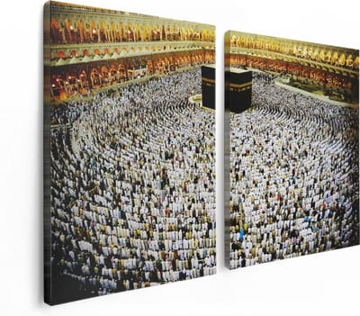 Artaza Canvas Schilderij Tweeluik Zwarte Steen in Mekka met Biddende Moslims - 120x80 - Foto Op Canvas - Canvas Print