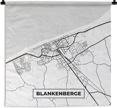 Wandkleed - Wanddoek - Stadskaart – Plattegrond – België – Zwart Wit – Blankenberge – Kaart - 180x180 cm - Wandtapijt