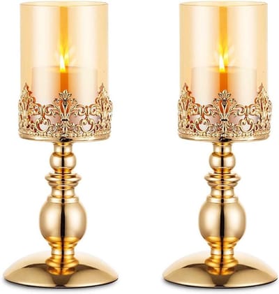 Kaarsenstandaards Set - Glazen Houders - Feestelijke Decoratie - Afneembaar Glas - 26cm Hoog - Goudkleurig