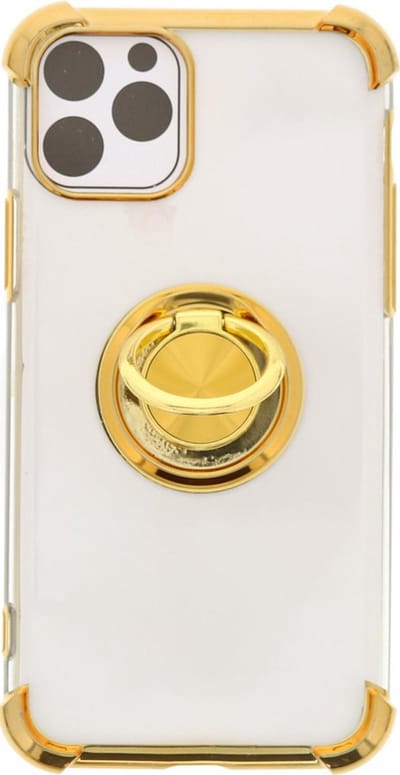 Hoesje Geschikt voor iPhone 12 hoesje silicone met ringhouder Back Cover case - Transparant/Goud