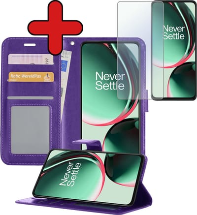 Hoesje - Met Screenprotector - Geschikt voor OnePlus Nord CE 3 Lite - Luxe Pasjeshouder - Flipcase - Bookcase Portemonee - Flip Case - Kunstleer Book Case - Book Cover - Walletcase - Portemonneehoes - Telefoonhoes - Paars