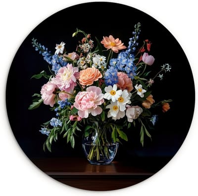 WallCircle® Wandcirkel 90x90 cm - Muurcirkel Pastel - Bloemen - Glazen - Vaas - Muurdecoratie woonkamer - Wanddecoratie slaapkamer - Kamer decoratie accessoires - Ronde schilderijen