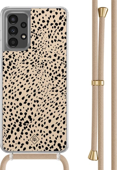Casimoda® hoesje met beige koord - Geschikt voor Samsung A13 4G - Stippen bruin abstract - Afneembaar koord - TPU/polycarbonaat - Bruin/beige
