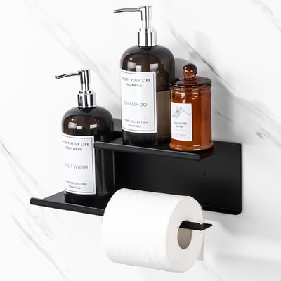 Toiletpapierhouder zonder boren, zelfklevend met plank, mat zwart, voor toilet, badkamer en keuken, inclusief 2 opbergplanken