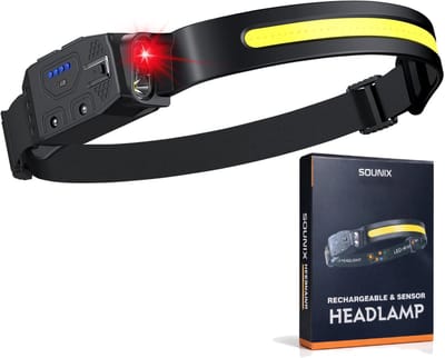 Sounix LED Hoofdlamp met Bewegingssensor - USB Oplaadbaar en waterdicht - 6+6 Lichtstanden - Verstelbaar - Hoofdlampje - Hoofd Zaklamp - Zwart