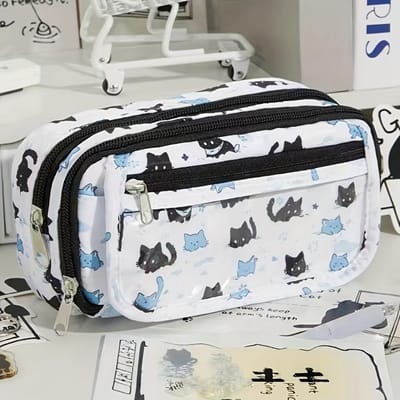 Mignon Étui à Crayons en Toile Chaton des Neiges Grande Capacité Organisateur de Papeterie pour Étudiants, Blanc avec Motif Chat Noir Sac de Rangement pour Fournitures de Bureau gray