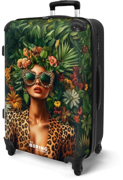 NoBoringSuitcases.com® - Koffer groot - Rolkoffer lichtgewicht - Vrouw met bloemen en panterprint - Reiskoffer met 4 wielen - Reis trolley - Grote valies XL - Bagagekoffer op wieltjes - 20 kg bagage - Ruimbagage middelgroot