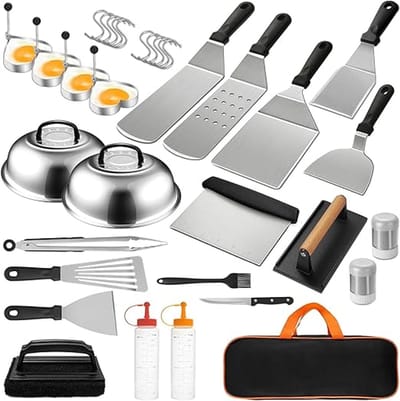 35-Delige barbeque set RVS – Teppanyaki & Smash Burger Set met Burgerbel, Hamburgerpers, Draagtas & Reinigingsgereedschap | BBQ Plancha Accessoires