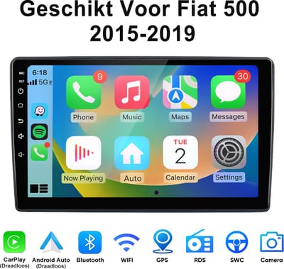 Junsun Android 15 Autoradio Geschikt Voor Fiat 500 2015-2019 Accessoires, 2GB+64GB, Draadloze CarPlay & Android Auto, DAB+, GPS-Navigatie, Bluetooth, WIFI, 9-inch Touchscreen, DSP, Quad-core processor