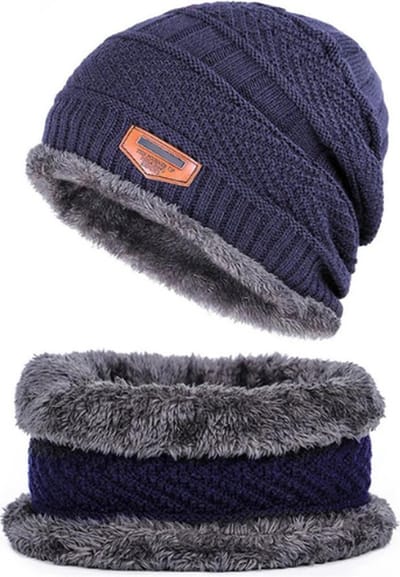 Luxe Muts met colsjaal- Winter Muts Met Colsjaal Nekwarmer - Wintermuts Gevoerd Wol - Unisex - Blauw