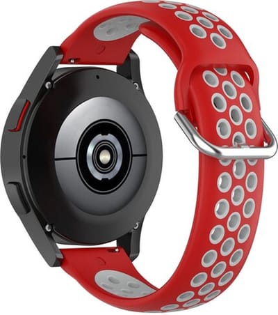 By Qubix - Siliconen sportbandje met gesp 20mm - Rood + grijs - Geschikt voor Samsung Galaxy Watch 7 (40 & 44mm) - Galaxy Watch FE - Galaxy Watch 6 - Galaxy Watch 6 Pro - Galaxy Watch 5 - 5 Pro - Galaxy Watch 4 - 4 Classic - Active 2 - Watch 3 (41mm)