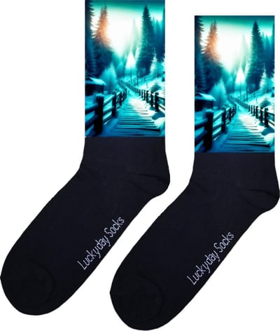 Winter bos - Opkikker - Grappige sokken - Valentijns cadeau - Verjaardag cadeau - Kerst cadeau - Grappige sokken - Leuke sokken - Vrolijke sokken - Kerst sokken - Sneeuw - Brug - Vaderdag - Moederdag - Socks die Happy maken - Maat 37-44