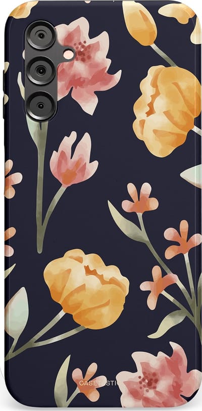 Casetastic Hoesje Geschikt voor Samsung A14 (5G/4G) - Stijlvolle Beschermende Duo-layer Case - Bloemen Nacht
