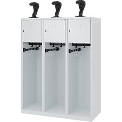 Brandweerkluis C+P Evolo Youngster, 3 vakken, met helmhouder, vloerglijders, B 1200 x D 500 x H 1530 mm, RAL 7035 lichtgrijs