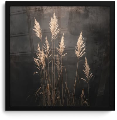Poster in lijst - Fotolijst 40x40 cm - Posters - Siergras - Pluimen - Verlichting - Zwart - Posterlijst zwart - Decoratie - Wanddecoratie woonkamer - Muurdecoratie slaapkamer