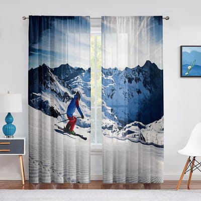 Skiër Skiën In Hoge Bergen Extreme Wintersporten Chiffon Transparante Gordijnen voor Woonkamer Slaapkamer Raam Voiles Tule Gordijn 1 PCS W100XH250cm&Grommet Top