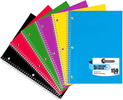 Rosmonde Notitieboek met 5 vakken College gelijnd, 6 voordeelpakket, 300 pagina's (150 vellen), 8 x 10-1/2 inch, 5 vakken college gelijnde spiraalvormige notitieboeken voor school en kantoor, dik