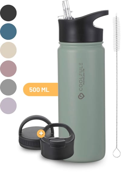 CoolFule Drinkfles - Mintgroen - Waterfles met Rietje - RVS Drinkfles - 500 ml - BPA-vrij - Dubbelwandig