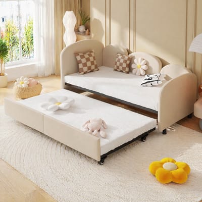 HAUSS SPOLE Kinderbed 90x200 cm - Bloemvormig Gestoffeerd Bed Met Lade - Zonder Matras - Fluweel - Beige