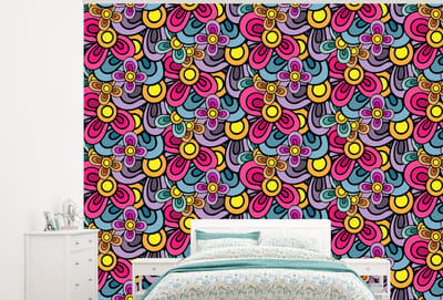 Behang - Fotobehang Patroon - Hippie - Bloemen - Paars - Breedte 300 cm x hoogte 240 cm