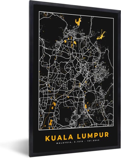 Fotolijst incl. Poster - Kuala Lumpur - Stadskaart - Plattegrond - Goud - Kaart - 40x60 cm - Posterlijst