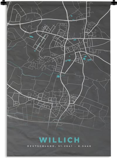 Wandkleed - Wanddoek - Stadskaart – Kaart – Willich – Blauw – Duitsland – Plattegrond - 120x180 cm - Wandtapijt