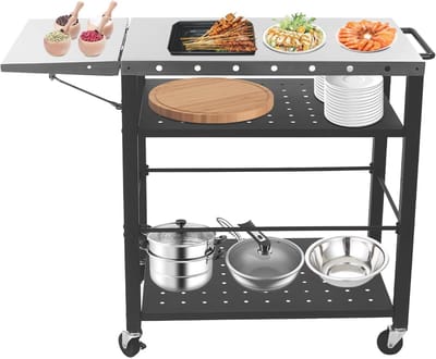 Barbecue Wagen - Grilltafel Serveerwagen - Buiten Koken - Inklapbaar Met Wielen - 80 x 50 x 83 cm - Zwart