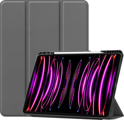 Hoesje - Geschikt voor Apple iPad Pro (2022) - 12.9 inch - Dun & Stevig - Trifold Bookcase - Hard Cover Case - Met Uitsparing Geschikt voor Apple Pencil - Hardcover Book - Tablet Hoes - Grijs