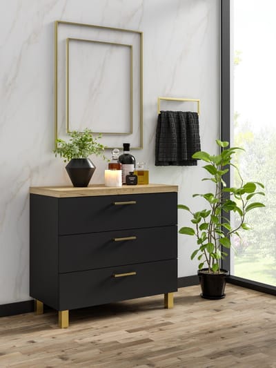 Pro-meubels - Ladekast Novara - Zwart mat - Eiken - 60cm - Opbergkast - 3 lades - Commode