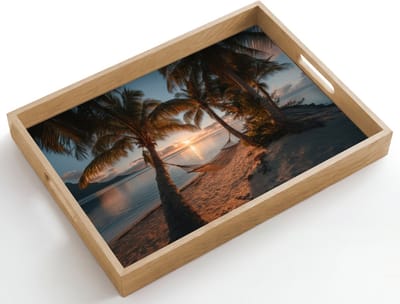Dienblad hout 50x35 cm - Schootdienblad - Palmbomen - Hangmat - Strand - Zonsondergang - Borrelplank rechthoek - Plateau dienbladen