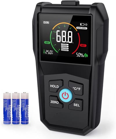 Aurixi® Vochtmeter Muren - Vochtmeter - Vochtmeter Hout Met Opbergzakje - Vochtmeters Inclusief Temperatuurmeter - Accuraat – Pleisterwerken - Inclusief Batterijen- Zwart- 14cm x 8cm x 4cm