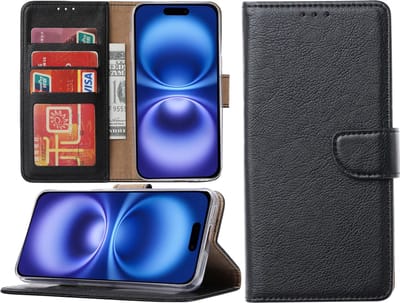 Hoesje Geschikt voor iPhone 16 hoesje – portemonnee bookcase met pasjeshouder – Zwart