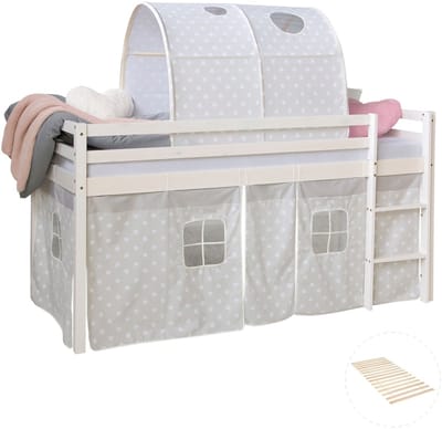Homestyle4u Hoogslaper - 90x200 cm - met lattenbodem - tunnel en gordijn grijs sterren