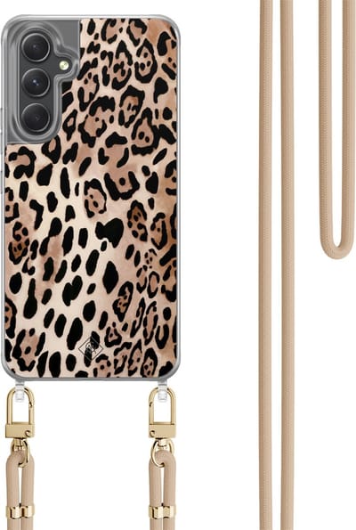 Casimoda® hoesje met koord - Geschikt voor Samsung A34 - Luipaard print bruin - Afneembaar koord - TPU/polycarbonaat - Bruin/beige