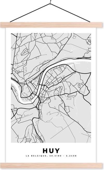 Posterhanger incl. Poster 40x60 cm - Schoolplaat - Plattegrond – Huy – Zwart Wit – Stadskaart - Kaart - Textielposter - Blanke latten - Stadskaart