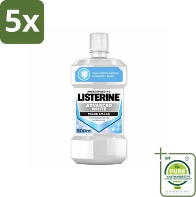 5 x Listerine – Mondwater – Advanced White – Mild – 500 ml - Grootverpakking - Wittere Tanden - Mondspoeling - Frisse Adem - Tandenverzorging - Mondhygiëne