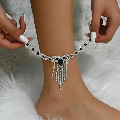 1 stuks Sexy en modieuze sprankelende kwastjes gecombineerd met blauwe strass enkelkettingen perfect voor damesfeesten en zomerse strandkleding 1 pc zwart