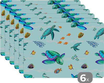 Placemat - Placemats kunststof - Regenboog - Schildpad - Vis - Water - Patronen - 45x30 cm - 6 stuks - Hittebestendig - Anti-Slip - Onderlegger - Afneembaar