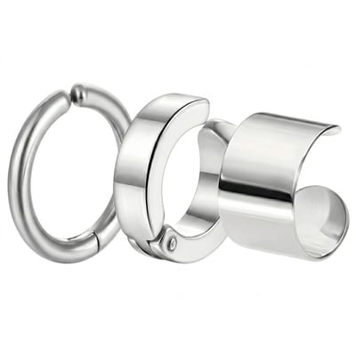 3 delige set Zilverkleurige oorringen voor heren – minimalistische metalen oorbellen met gladde afwerking – moderne oorringen en ear cuff set
