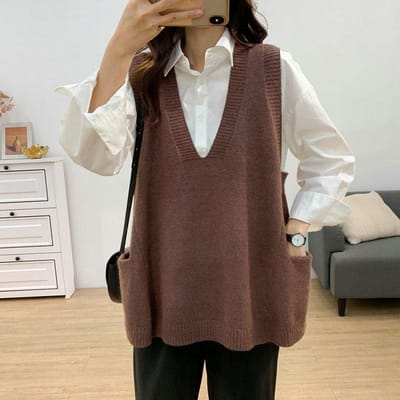 Pull ample assorti avec tout, grande taille, col en v, gilet tricoté sans manches, couleur unie, haut féminin, automne et hiver S gray