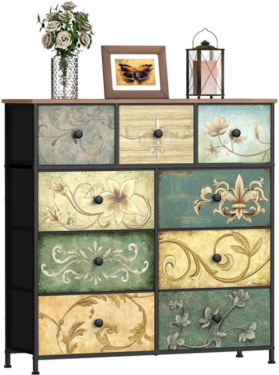 TRANKIELO® - Industrieel stoffen commodekast met 9 laden – Metalen frame, houten blad, veelzijdig voor woonkamer en kinderkamer